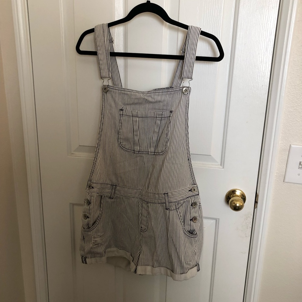 blue and white striped overalls